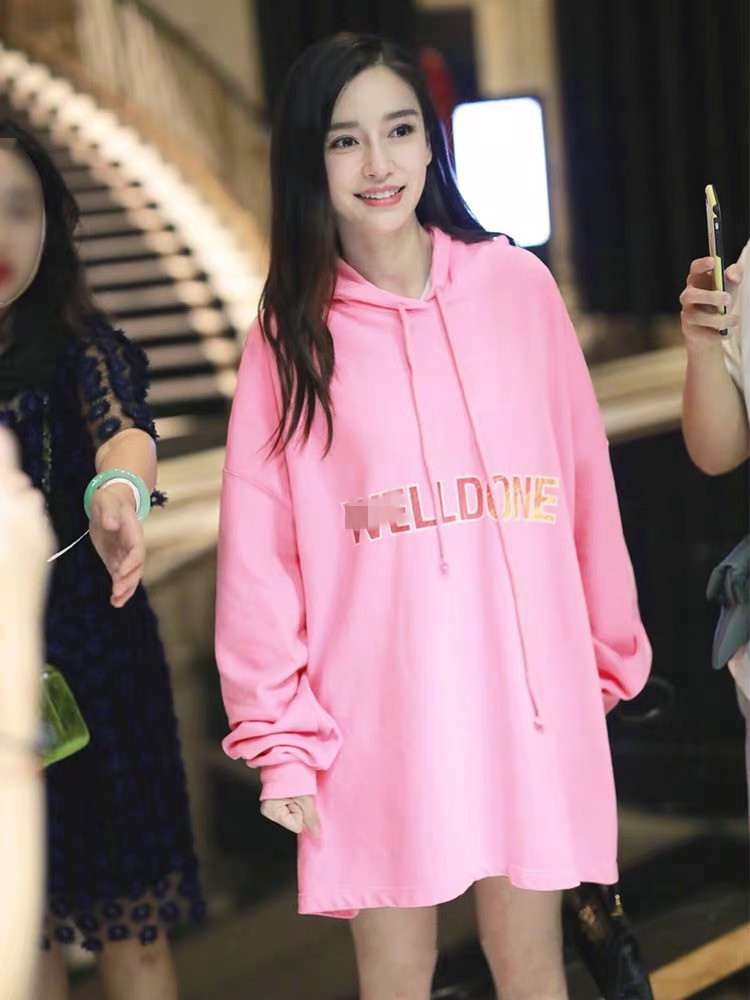 baby杨颖明星同款粉色衣服秋冬宽松oversize加绒加厚中长卫衣女潮