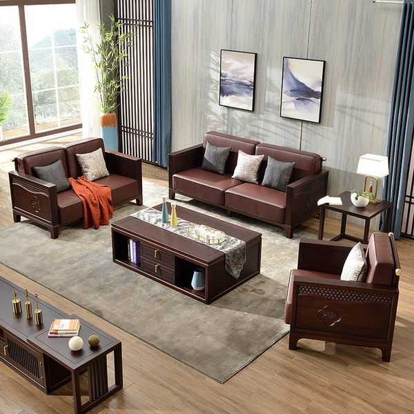 新中式烏金木沙發現代簡約客廳真皮沙發