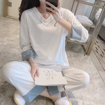 Korean pajamas female spring and autumn thin long sleeve cotton cartoon cute rose home clothes two-piece suit can be worn outside