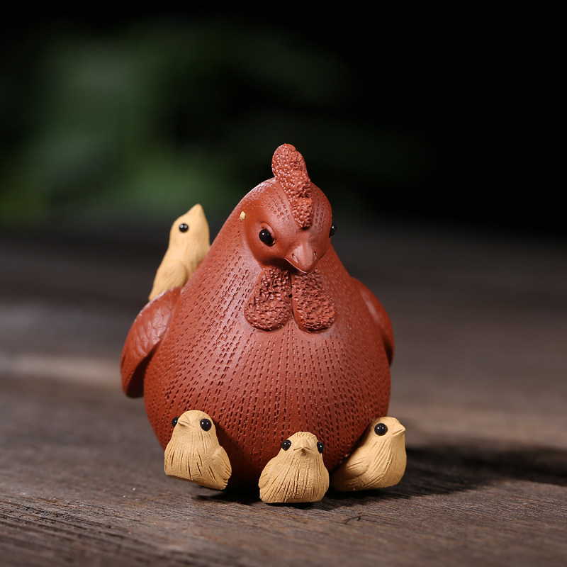 万福 宜兴紫砂生肖茶宠 潘爱州手工雕塑茶玩摆件茶道配件母鸡小鸡