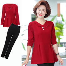 Mom spring long-sleeved T-shirt short base shirt cover belly thin suit Middle-aged female foreign style top two-piece set