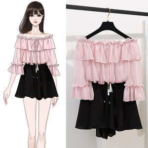 One shoulder chiffon sweet Top + elastic waist half body Wide Leg Trouser skirt two piece set