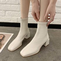 Tide card coarse heel Martin boots woman 2022 Winter new medium heel Korean version 100 lap short boot slim boot genuine leather short boot