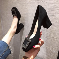 Tide Card Single Shoe Woman 2022 Spring Summer New Korean Version 100 Hitch Female Wind Genuine Leather Coarse Heel Water Drill Square Button High Heel Shoe