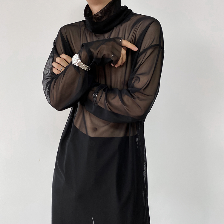 性感透视中长款网纱t恤男长袖透明网面高领上衣内外搭体恤衫夜店