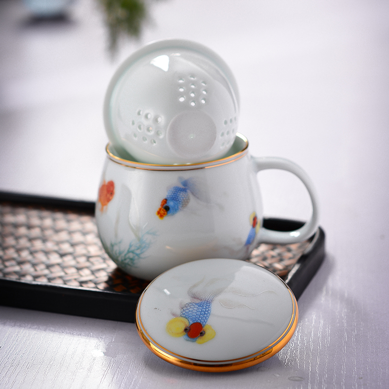 Red xin made ceramic cups with cover filter glass goldfish mark cup of jingdezhen shadow celadon cup of office