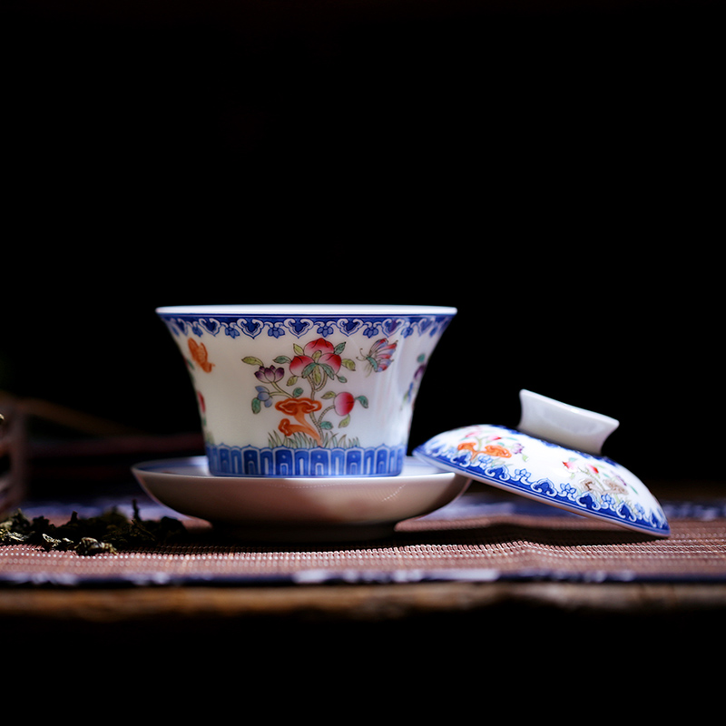 Hong xin tureen large ceramic tea set tea cups jingdezhen hand - made pastel three of the bowl bowl