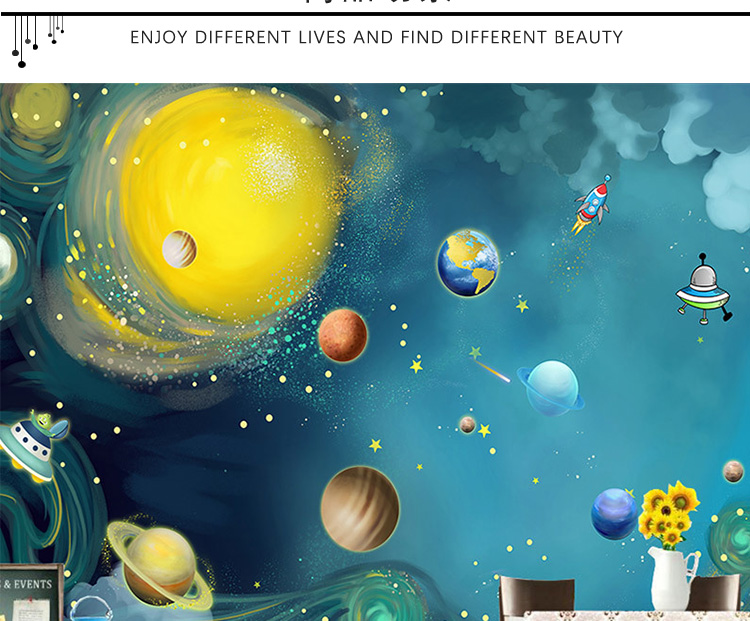 手绘卡通宇宙星空壁纸太空遨游儿童房卧室背景墙纸幼儿园墙布壁画