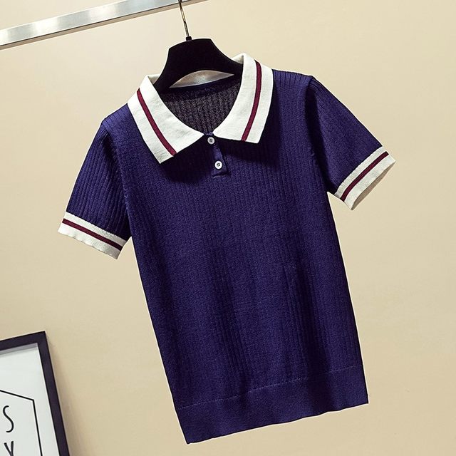 202 ຮ້ອນ Douyin ທີ່ນິຍົມແບບດຽວກັນ slim ວິທະຍາໄລແບບ tops knitted ເສື້ອໂປໂລແມ່ຍິງບຸກຄະລິກກະພາບອາຍຸການຫຼຸດຜ່ອນເດັກຍິງ T-shirt