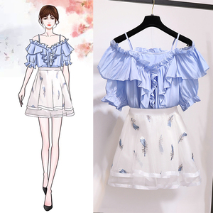 Sweet suspender with ruffles top embroidered puff skirt two piece set