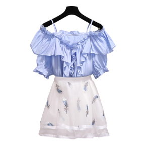 Sweet suspender with ruffles top embroidered puff skirt two piece set