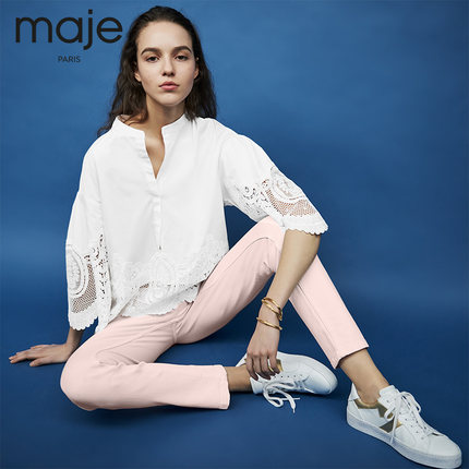 maje2018春夏新款女装 蕾丝花纹镶嵌上衣E18