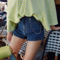 BettyChow Deep Blue Vintage Chain High Waist Denim Shorts Women Flocking Letters