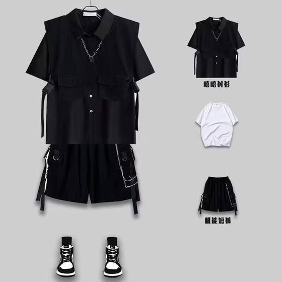 Dark functional style workwear short-sleeved shirt men's summer hip-hop personality loose shirt jacket matching set Dark functional style workwear short-sleeved shirt men's summer hip-hop personality loose shirt jacket matching set