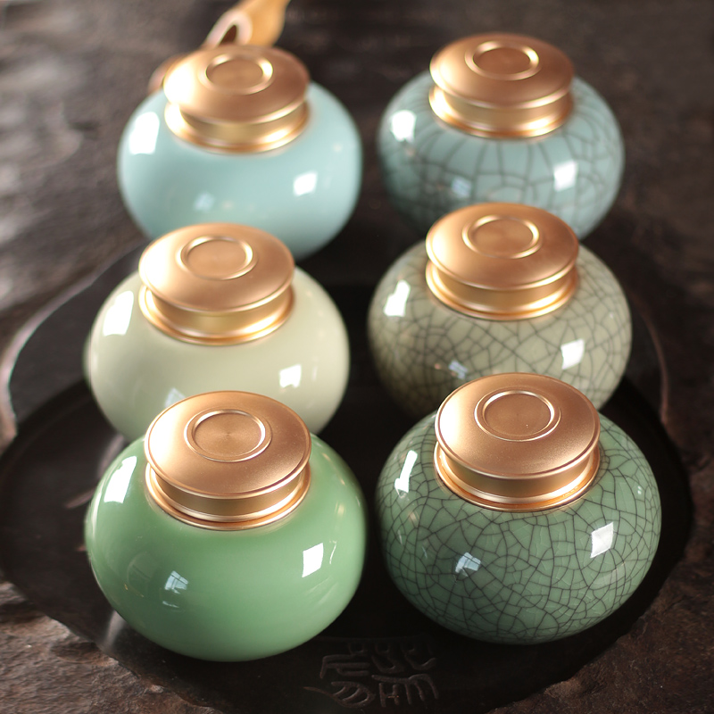 Longquan celadon checking ceramic metal large POTS tea caddy fixings household seal POTS pu seal pot