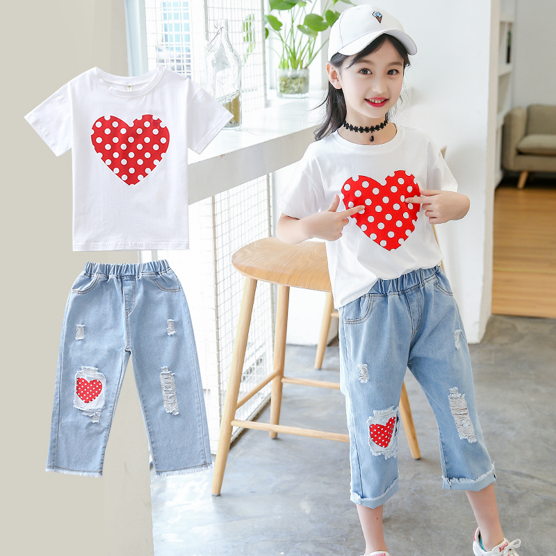 Girls Kit 2022 New Summer Yankee Han Edition Short Sleeve Jeans Children's Bottom Summer Two - Piece Set