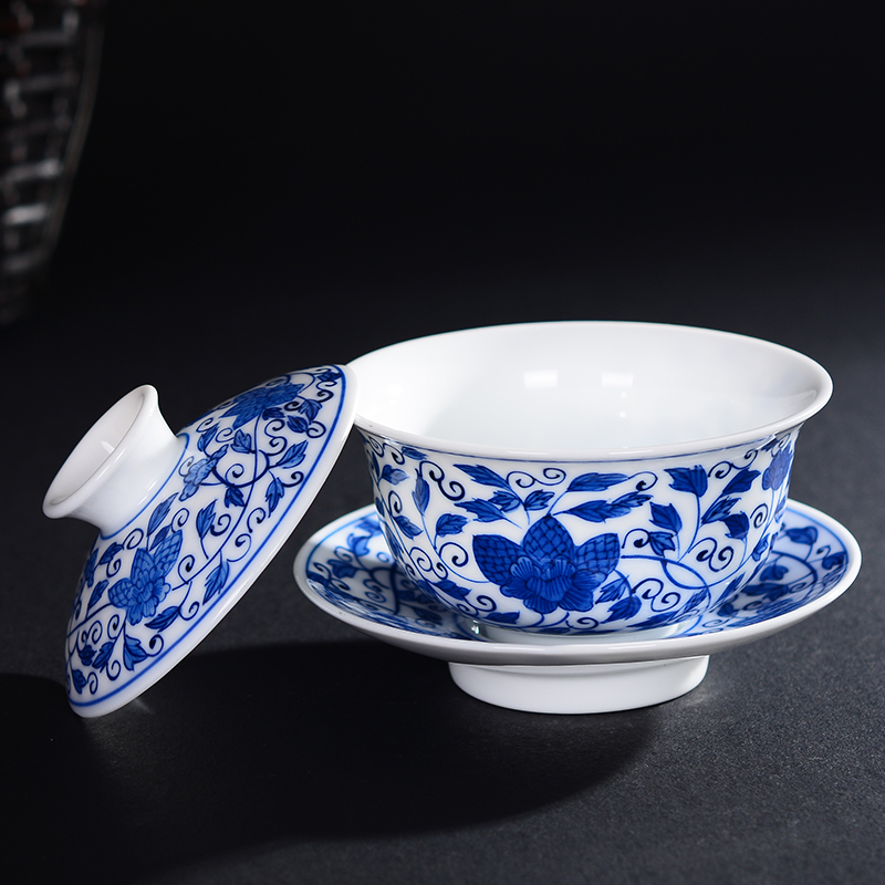 Jingdezhen hand - made tureen medium only three cup bowl of blue and white porcelain ceramic kung fu tea tea bowl of tea cups