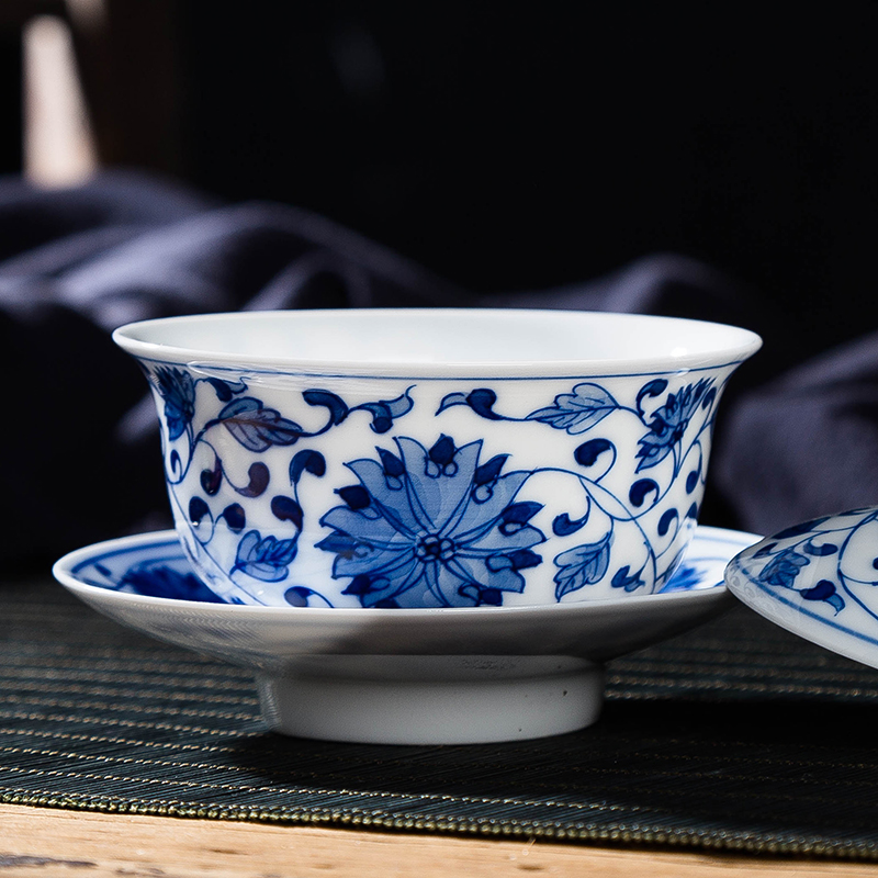 Manual hand - made bound branch lotus tureen tea jingdezhen blue and white ceramics kung fu tea set three bowl of tea bowl