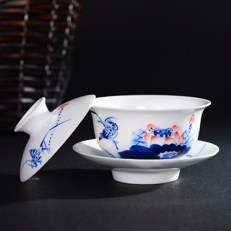 Blue and white porcelain teacup tureen ceramic teapot kung fu tea set Blue - and - white only three bowl of flower tea cups white porcelain bowl