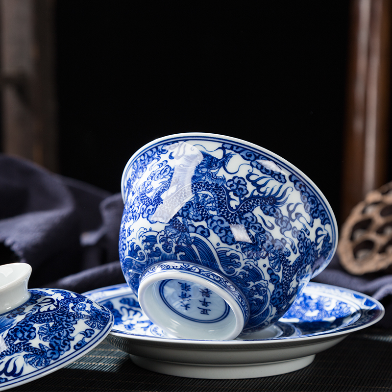 Jingdezhen ceramic only three bowl of court wind pure hand - made manual Kowloon, blue and white lines tureen and tea cups