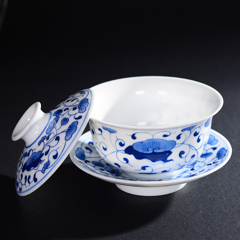 Folk artists hand - made lotus only three tureen jingdezhen blue and white porcelain ceramic kung fu tea tea tea cup