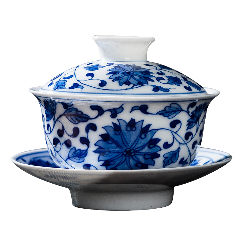 Manual hand - made bound branch lotus tureen tea jingdezhen blue and white ceramics kung fu tea set three bowl of tea bowl