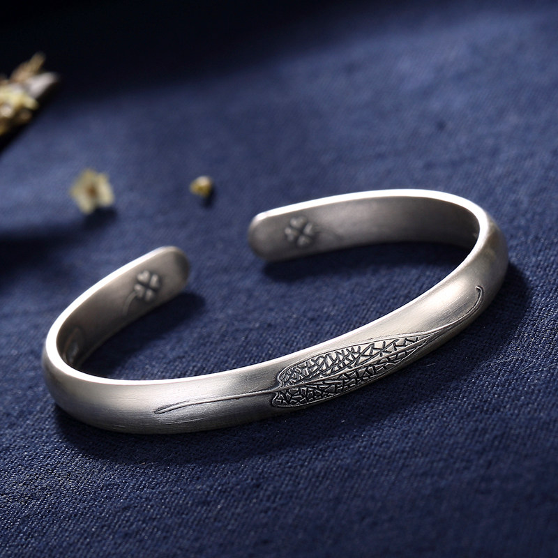 陈氏银缘s999足银手镯女纯银复古个性树叶简约实心手环送女友礼物_7折