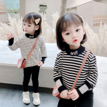 Girls' striped one-sided top shirt autumn and winter clothing children thickened and kept their upper hand baby's air half-high-collar long sleeve