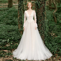 Wai Fana Original One-character Shoulder Simple Lace Horn Sleeve Deep V Light Wedding Dress Tail Skinny Lawn Out Light Yarn