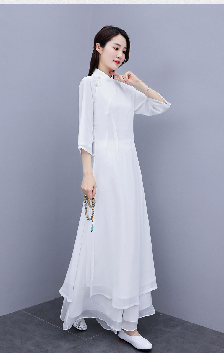艳如飞禅服女白色中国风改良汉服旗袍连衣裙中式复古禅意茶人服三件