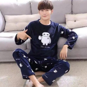 秋冬季男士睡衣珊瑚绒保暖绣花睡衣卡通男可外穿学生睡衣家居服