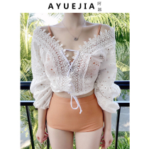 Swimsuit womens split long sleeves sexy belly cover thin net red ins wind super fairy bikini hot spring swimsuit