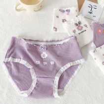 Purple Underwear Lady Spring Summer Thin pure cotton no-scratched lace lace breathable mid-waist cute Japanese style shorts Spring and autumn
