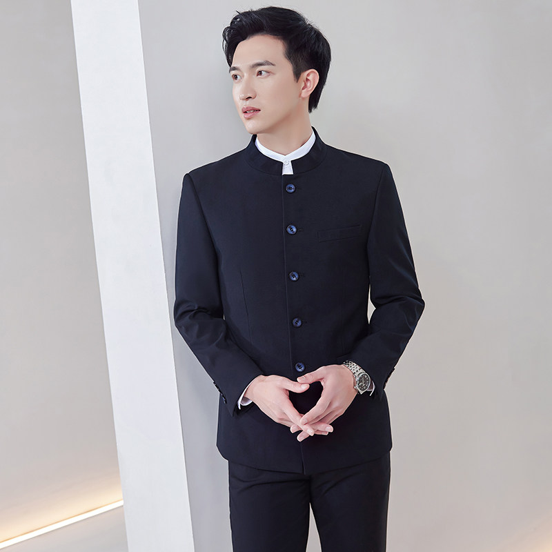 中山装男青年西服套装高端男士合唱演出服新式改良中华立领男装