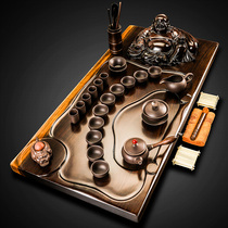 Tea set set complete set of Ru kiln kung fu ebony set solid wood whole tea tray tea table four-in-one electrical appliances