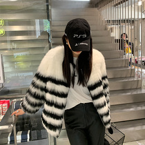 Jenny Fur Haining Young New Imported Fox Furry Street Black and White Striped Fashion Fur Winter Coat Women