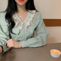 2022 Spring and autumn new Korean version lace lace lace splicing lotus leaf side collar slideshow long sleeve shirt female design feeling small crowdsourced