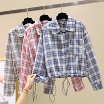 Plaid shirt woman long sleeve 2022 spring autumn new retro port taste Korean version loose 100 hitch short draw rope blouse