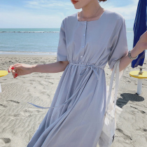 2021 summer new French niche temperament waist Korean version of elastic waist Medium-length dress cotton linen dress female A character