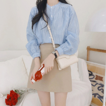 2021 Spring and Autumn new Korean plaid shirt womens long sleeve shirt hipster stand collar shirt design sense niche