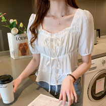 2021 summer new Korean version of Joker drawstring lace bow collar collarbone short sleeve shirt blouse short
