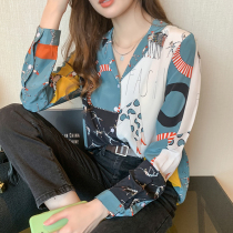 Blouse Design Sensation Small Crowd 2022 Spring Autumn New Retro Port Taste Collision Color Foreign Air Printed Long Sleeve Snowspinning Shirt Woman