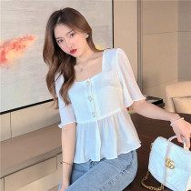 2021 New coat female Korean short chiffon shirt French square collar clavicle heart machine shirt female design sense minority