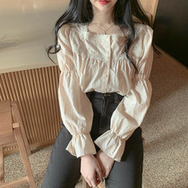 2022 Spring and autumn new Korean version lace lace flower side fronds with collarbone display slim blouses long sleeve shirt womens bubble sleeves