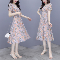 Waist thin dress 2021 summer new short-sleeved V-neck light cooked air quality chiffon floral long dress