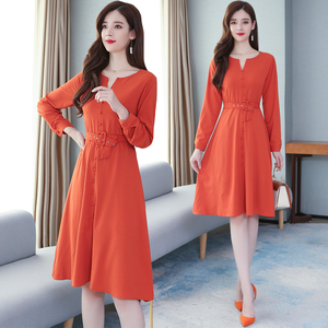 Fall 2020 new women’s V-neck slim mid length solid dress