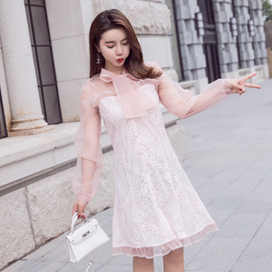 Fall 2020 new summer French waist collection temperament mesh stitching bow fairy Long Sleeve Dress