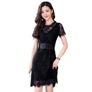 2020 summer new Korean belt waistband short sleeve slim lace dress