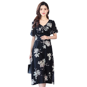 2020 new printed waist show thin medium length V-neck summer Chiffon Skirt