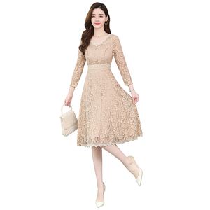 Fall 2020 new style long sleeve temperament V-neck lace skirt waist length dress